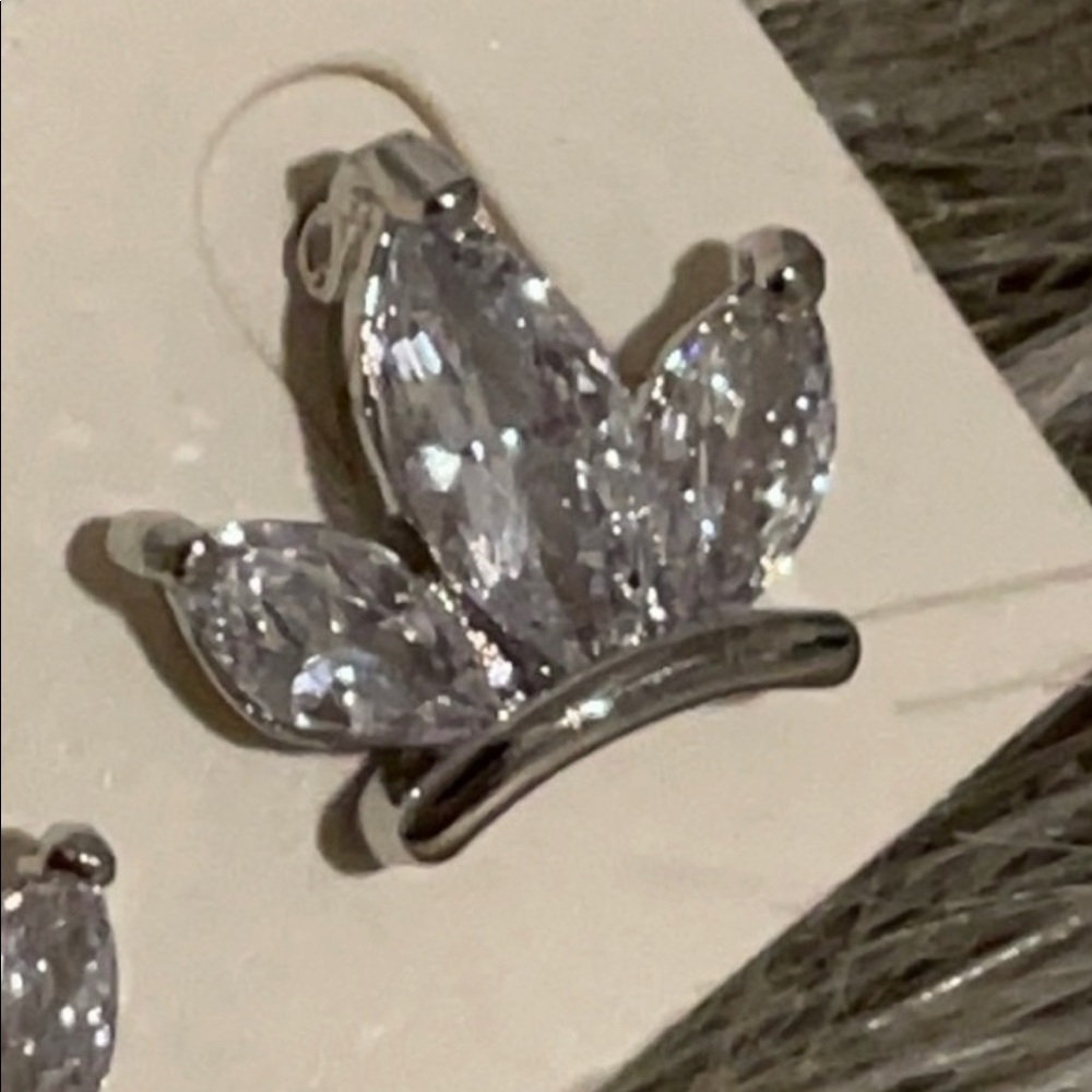 Cubic zirconia studs triple Marquis crown  leaf design in silver tone.